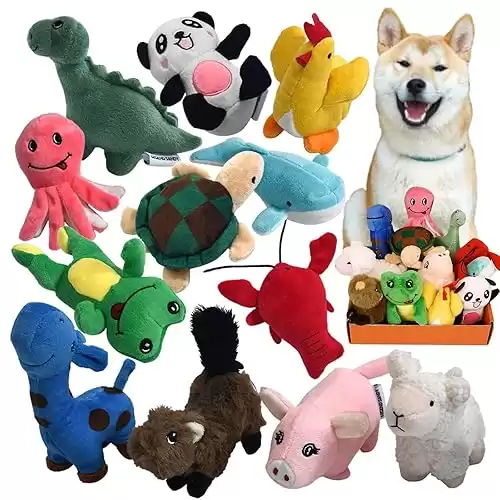 Legend Sandy Squeaky Plush Dog Toy Pack for Small to Medium Sized Dogs and Puppies. Includes Small Stuffed Puppy Chew Toys & 12 Dog Toys Bulk with Squeakers.