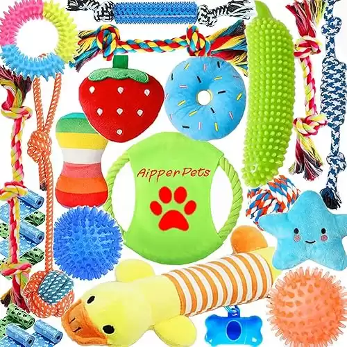 25 Pack Various Dog & Puppy Toys for Fun and Teeth Cleaning Includes Squeak Plush Toys, Squeaky Toy Balls, Tug of War Toys, Puppy Teething Toys, & Dog Rope Toys